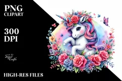 Playing Unicorn Floral Wreath PNG Product Image 1