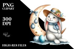 Adorable Bunny on Moon with Eggs Hanging PNG Product Image 2