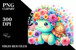 Colorful Turtle with Flower Crown Clipart, High-Resolution Product Image 1