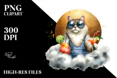 Cat in Beachwear Drinking Cocktail PNG Product Image 2