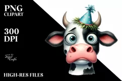 Expressive Confused Cow with Party Hat Caricature Clipart Product Image 1