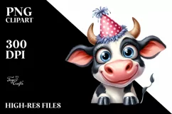 Expressive Confused Cow with Party Hat Caricature Clipart Product Image 1