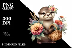 Cute Baby Otter Holding Flower Basket Boho Product Image 1