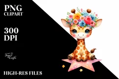 Colorful Giraffe with Flower Crown, Quirky Style PNG Product Image 1