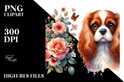 Watercolor Cavalier King Charles Spaniel | Flowers Left and Product Image 1