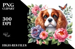 Watercolor Cavalier King Charles Spaniel | Flowers Left and Product Image 1