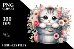 Cute Cat in Bucket with Flowers, PNG Product Image 1