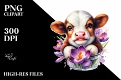 Cute Baby Highland Cow with Crocus Floral Frame PNG Product Image 2