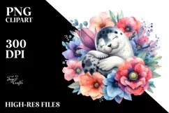 colorful Watercolor Seal Sleeping in Flower | Clipart Product Image 1