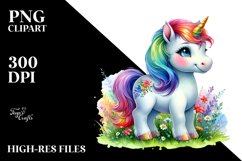 Colorful Baby Unicorn in Meadow, PNG Product Image 3