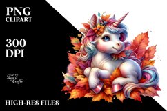 Colorful Baby Unicorn with Pile of Autumn Leaves Product Image 1