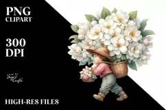Detailed Watercolor Small Gnome Carrying Large Gardenia Product Image 1