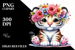 Cartoon-Style Tiger Sitting, Flower Crown PNG Product Image 1