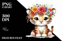 Cartoon-Style Tiger Sitting, Flower Crown PNG Product Image 1
