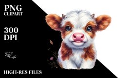 Smiling Baby Highland Cow with Watercolor Splash | Clipart Product Image 3