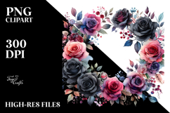 Black Roses Watercolor Horizontal Frame PNG Product Image 2