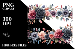Black Roses Watercolor Horizontal Frame PNG Product Image 2