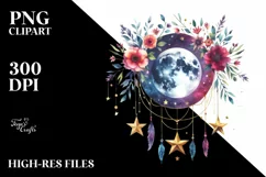 Vibrant Watercolor Boho Moon with Hanging Flowers and Stars Product Image 3