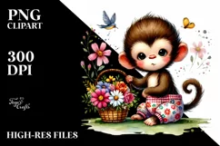 Quirky Baby Monkey with Flower Basket PNG Product Image 2