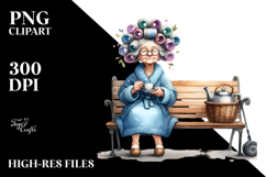 Old Lady Sitting on Bench with Tea Cup | Clipart Product Image 2