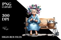 Old Lady Sitting on Bench with Tea Cup | Clipart Product Image 1