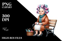 Old Lady Sitting on Bench with Tea Cup | Clipart Product Image 3