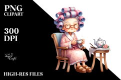 Old Lady Sitting on Chair with Tea Cup | Clipart Product Image 2