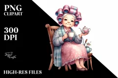 Old Lady Sitting on Chair with Tea Cup | Clipart Product Image 1