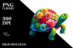 Vibrant Watercolor Turtle with 3D Flowers, PNG Product Image 2