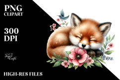 Digital Watercolor Cute Baby Fox Sleeping on a Flower, PNG Product Image 2
