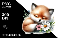 Digital Watercolor Cute Baby Fox Sleeping on a Flower, PNG Product Image 2