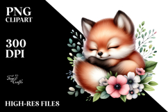 Digital Watercolor Cute Baby Fox Sleeping on a Flower, PNG Product Image 2