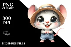 Baby Mouse with Big Eyes and Sun Hat Watercolor Clipart Product Image 1
