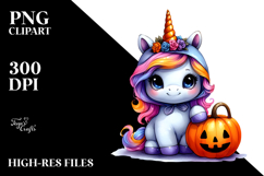 Cute Baby Unicorn with Pumpkin, Watercolor PNG Product Image 2