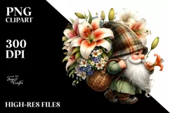 Detailed Watercolor Small Gnome Carrying Large Lily Bouquet Product Image 3