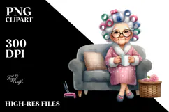 Old Lady Sitting on Couch with Hair Curlers | Clipart Product Image 2