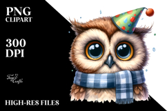 Funny Owl Portrait with Party Hat Watercolor Clipart Product Image 2