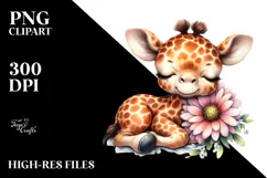 Digital Watercolor Baby Giraffe Sleeping on Flower, PNG Product Image 2