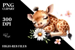Digital Watercolor Cute Baby Giraffe Sleeping on a Flower, Product Image 2