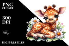 Digital Watercolor Cute Baby Giraffe Sleeping on a Flower, Product Image 2