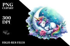 Colorful Watercolor of Unicorn Napping on a Moon Product Image 2
