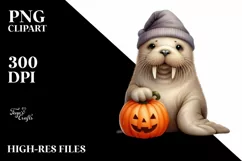 Cute Baby Walrus with Pumpkin PNG Product Image 1