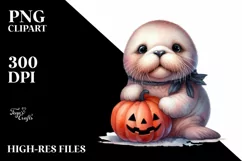 Cute Baby Walrus with Pumpkin PNG Product Image 1