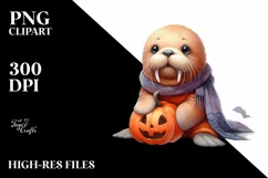 Cute Baby Walrus with Pumpkin PNG Product Image 1
