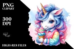 Colorful Baby Unicorn Eating Ice Cream, PNG Product Image 1