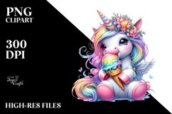 Colorful Baby Unicorn Eating Ice Cream, PNG Product Image 1
