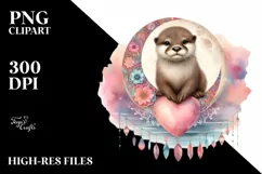 Baby Otter on Half Moon with Big Heart, PNG Product Image 2