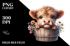 Cute Baby Highland Cow in Wood Bucket PNG Product Image 3