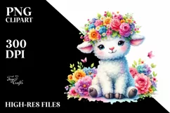 Cute Cartoon-Style Lamb with Flower Crown PNG Product Image 3