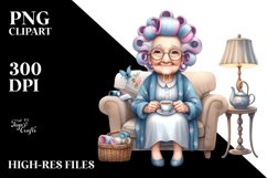 Old Lady Sitting on Sofa with Hair Curlers | Clipart Product Image 1